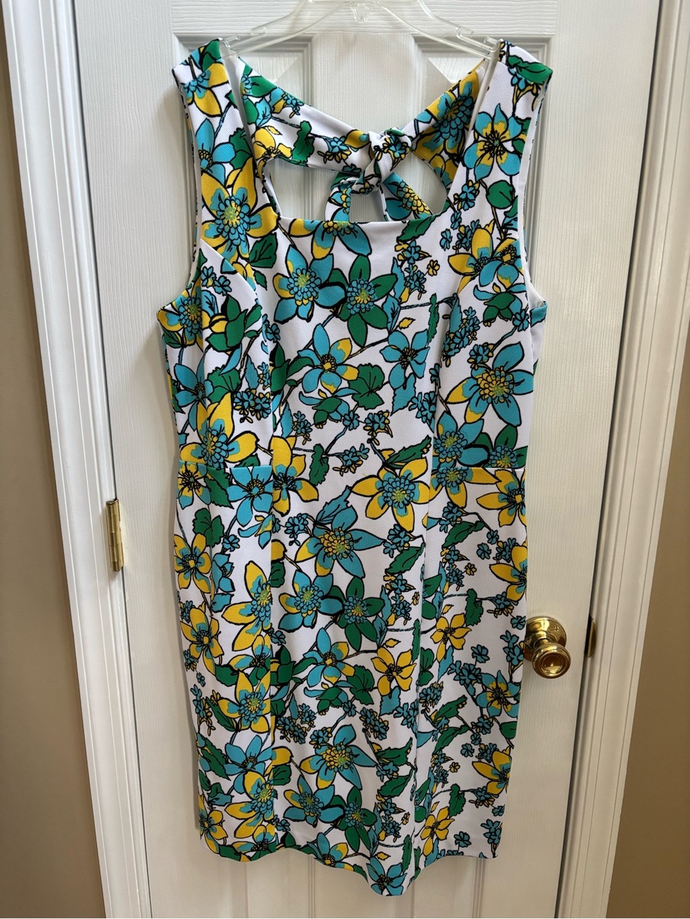 Pappagallo Vibrant Floral Dress in Teal/Yellow w/ back Keyhole Tie, Size 14, NWT